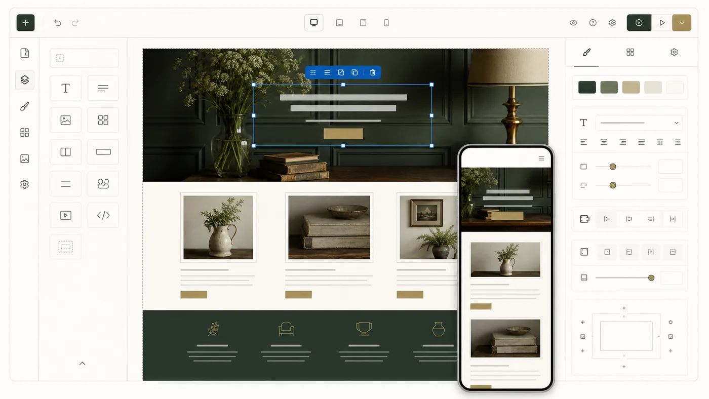 No-code website builder with editing controls and responsive mobile preview